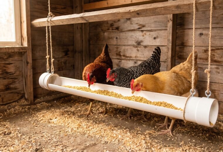 DIY PVC half-pipe chicken feeder in a wooden coop with three hens eating