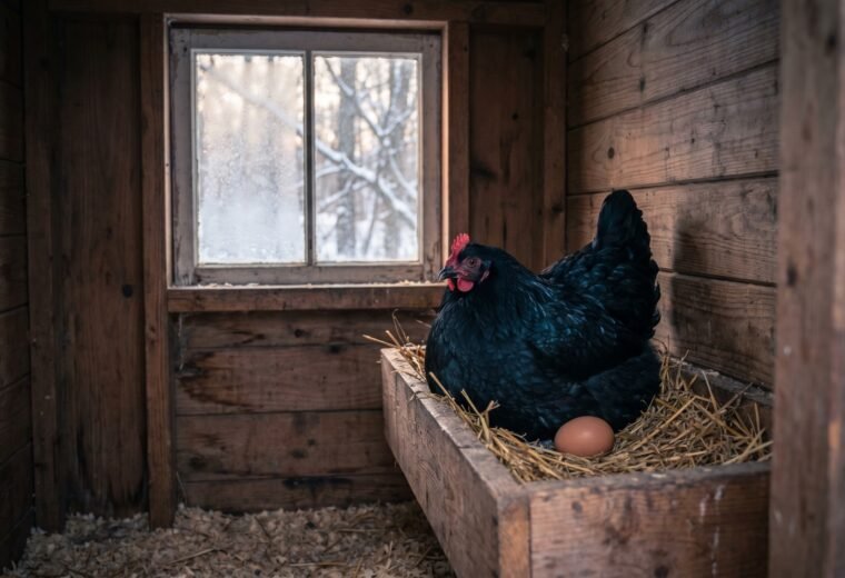 Black Australorp hen settled in a wooden nest box on a winter morning with one brown egg