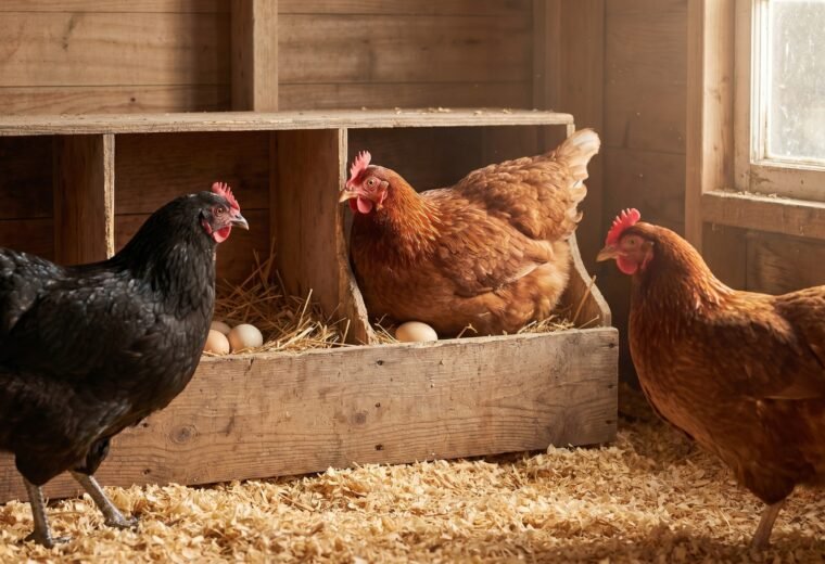 Three hens laying eggs in a wooden nest box inside a backyard coop