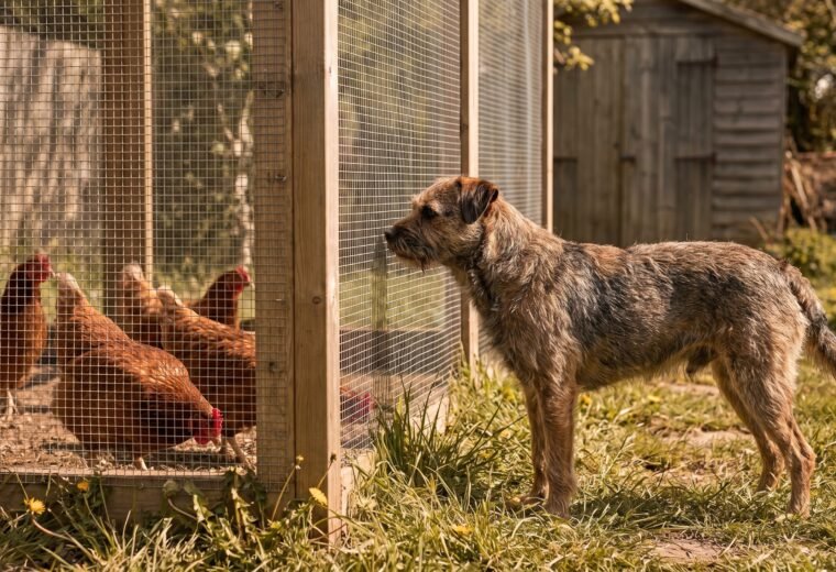 dog investigating chicken run hardware cloth fence while hens forage inside safely