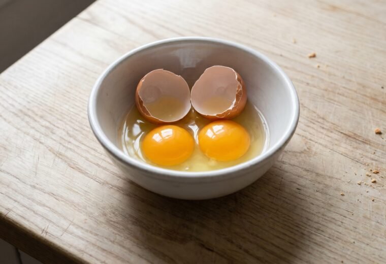 Two golden yolks side by side in a white bowl after cracking a double yolk egg