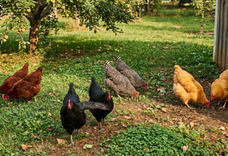 Mixed heritage dual-purpose chicken flock including Barred Rocks and Buff Orpingtons free-ranging on grass