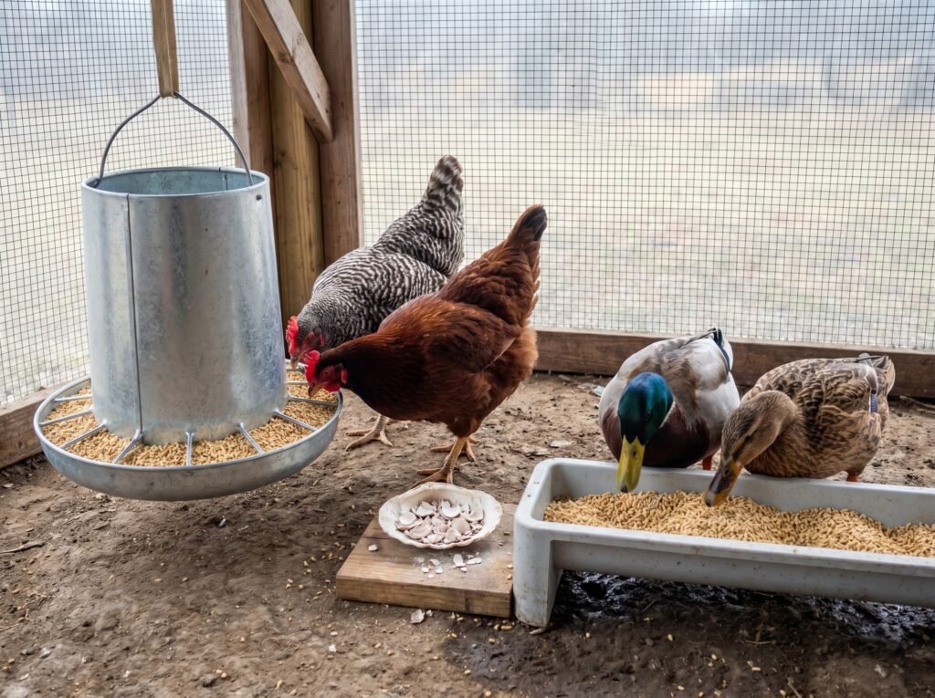 Separate hanging feeder for chickens and ground trough for Rouen ducks in a shared run