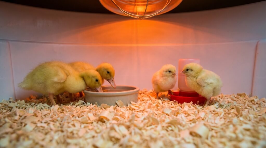 Pekin ducklings and baby chicks sharing a brooder under a heat lamp, showing size difference