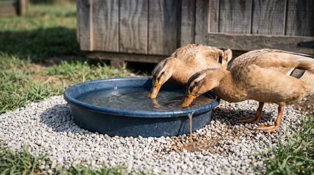 Khaki Campbell ducks drinking from a rubber pan set in a pea gravel drainage pad