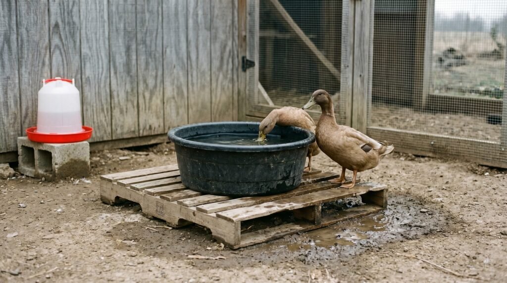 duck water trough and chicken waterer positioned separately in a backyard poultry run