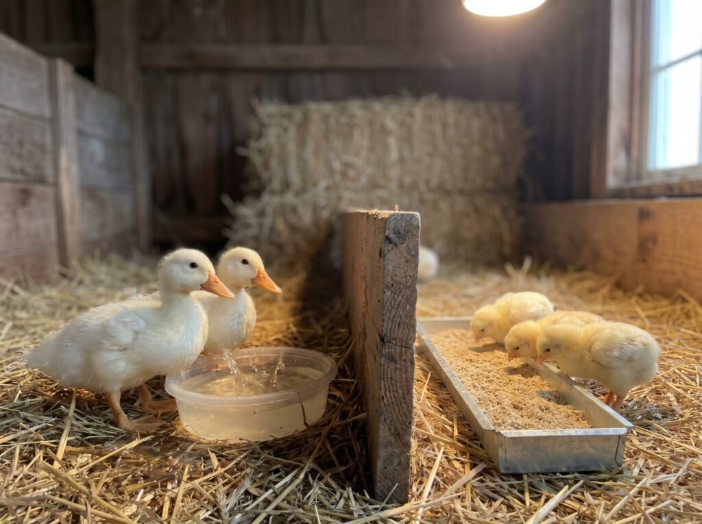 Ducklings and chicks in divided brooder with separate water and feed stations