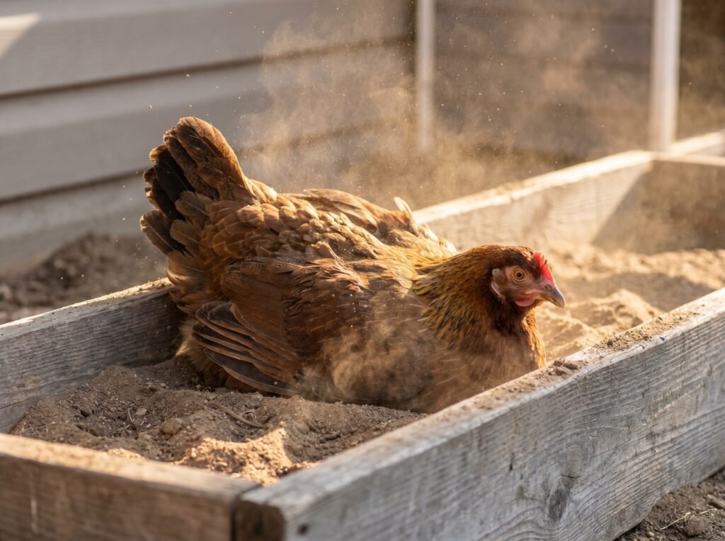 close up of a hen lying sideways in a dust bath her feathers spread and sand particles drifting