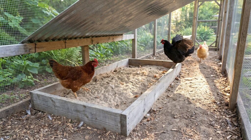 covered chicken dust bath area built inside a chicken run with corrugated roof panel