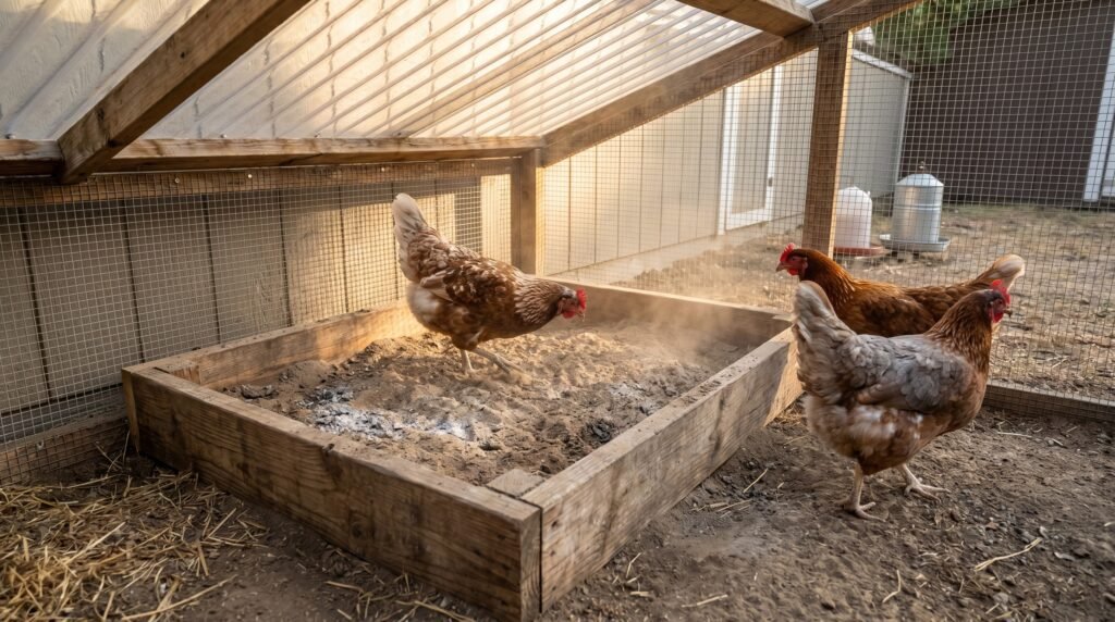 chicken dust bath in a covered run corner protected from rain with hens nearby