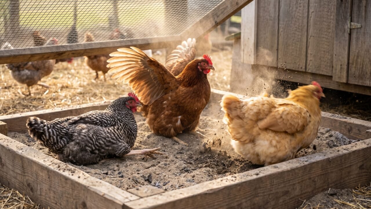 three backyard hens actively dust bathing in a sand and ash filled wooden bath