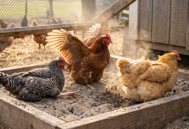 three backyard hens actively dust bathing in a sand and ash filled wooden bath