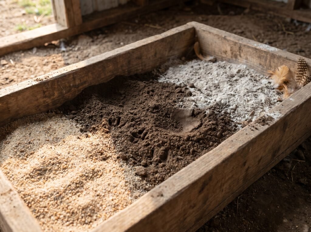 wooden dust bath container with sand, loam, and wood ash mixture ready for chickens