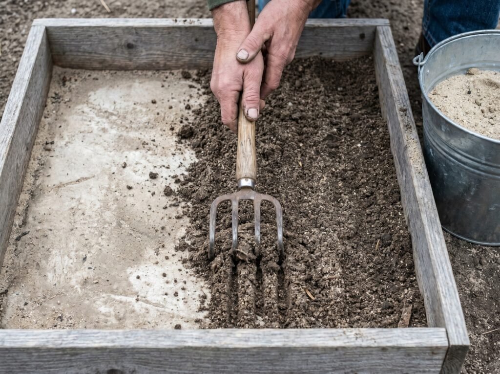 loosening compacted chicken dust bath substrate with a hand rake during weekly maintenance