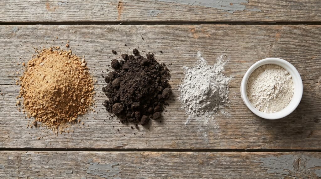 four dust bath ingredients sand loam wood ash and diatomaceous earth arranged on weathered wood