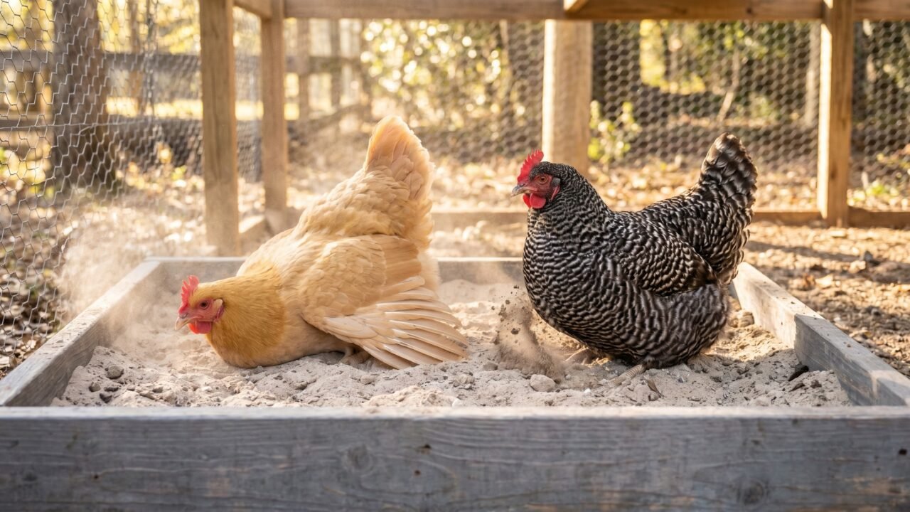two backyard hens using a wooden chicken dust bath area filled with sandy loam