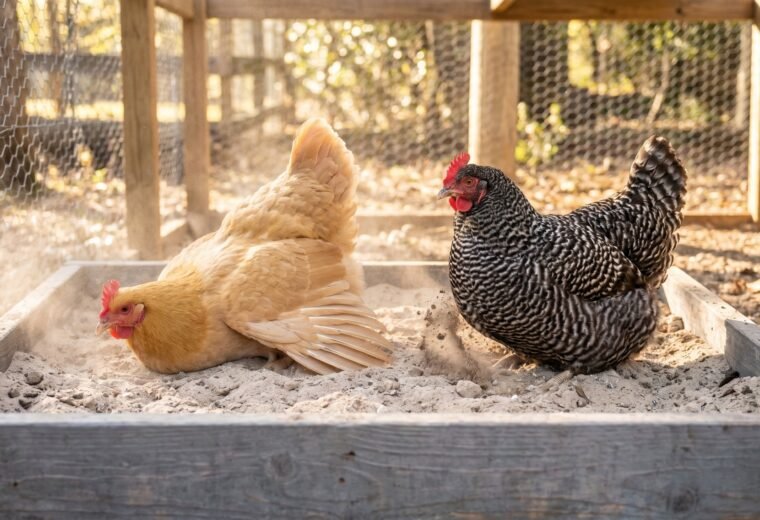 two backyard hens using a wooden chicken dust bath area filled with sandy loam