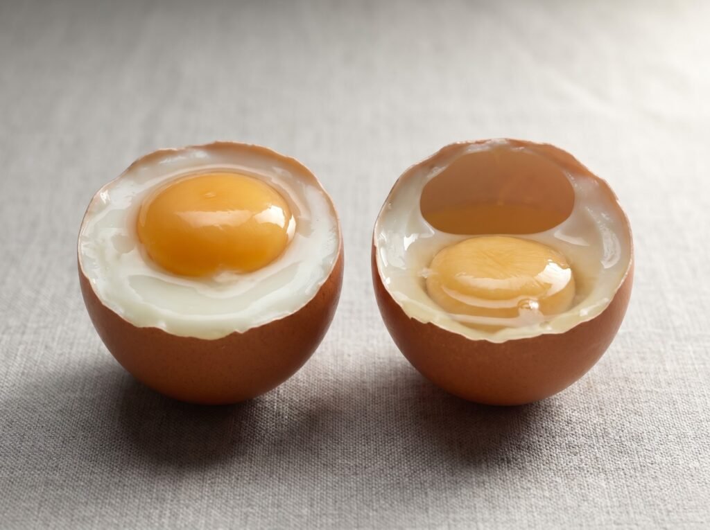 Cross-section of a fresh egg and an older egg side by side showing air cell size difference