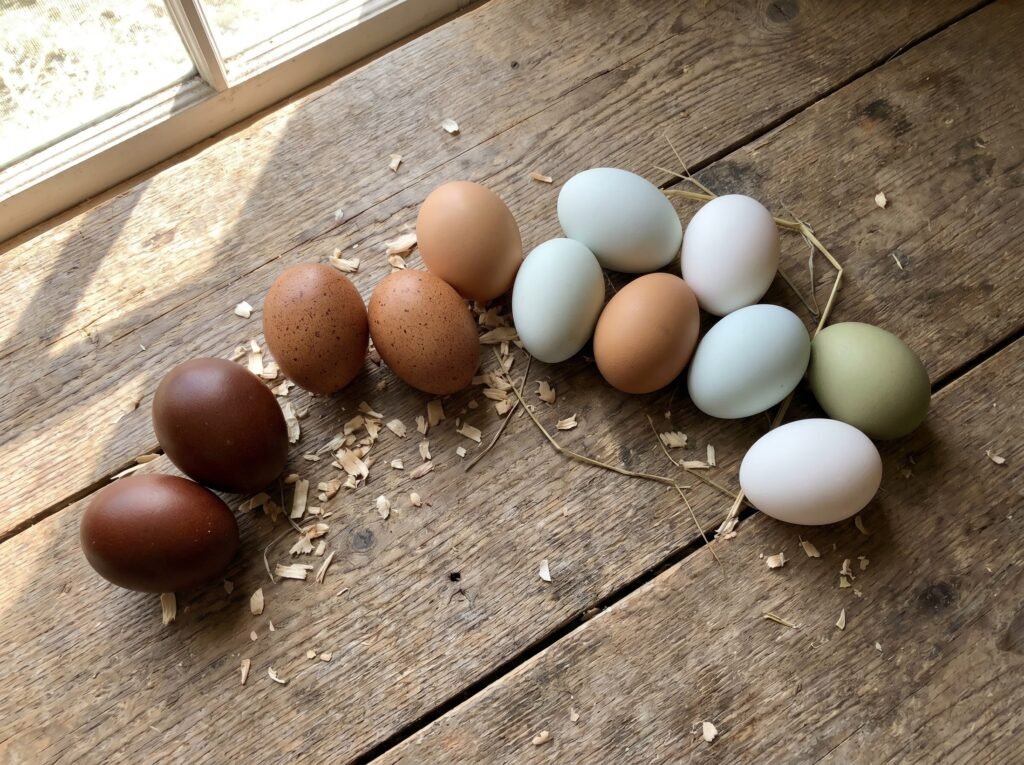chicken eggs of varied shell colors - brown, white, blue, and green - arranged on wooden surface