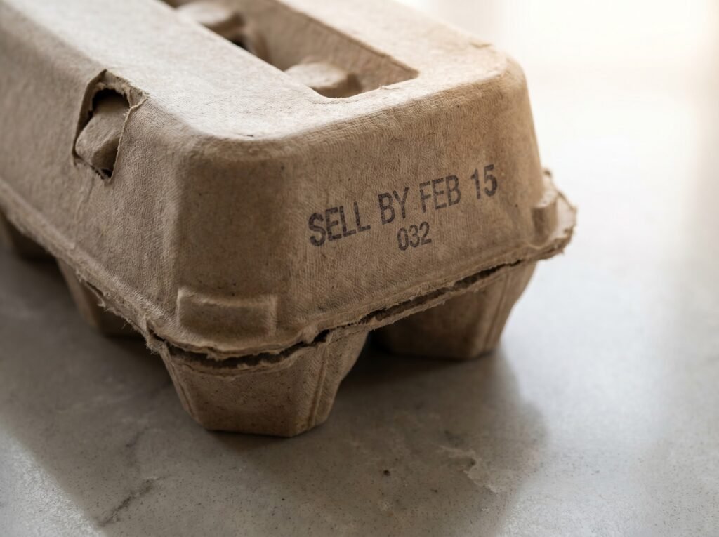 Cardboard egg carton end panel showing Julian Date pack code and sell-by stamp