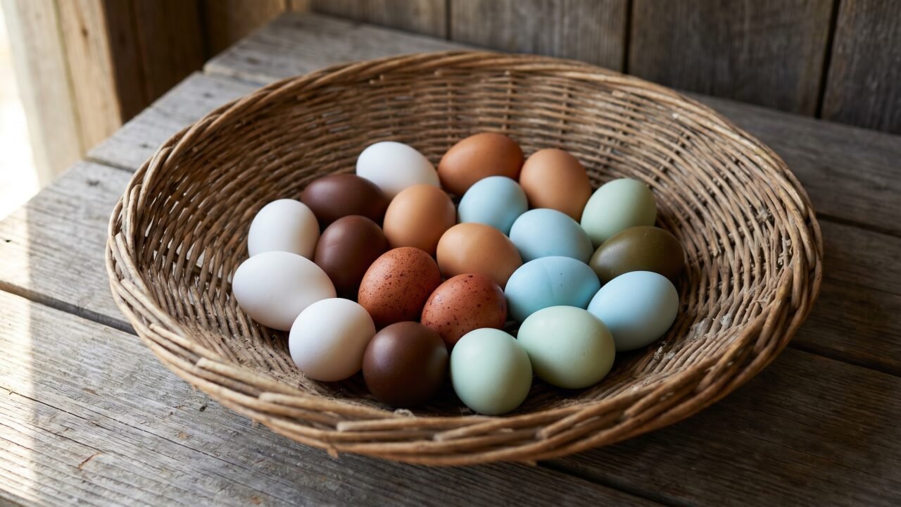 Wicker basket of multicolored eggs showing white, brown, blue, green, and olive chicken egg colors