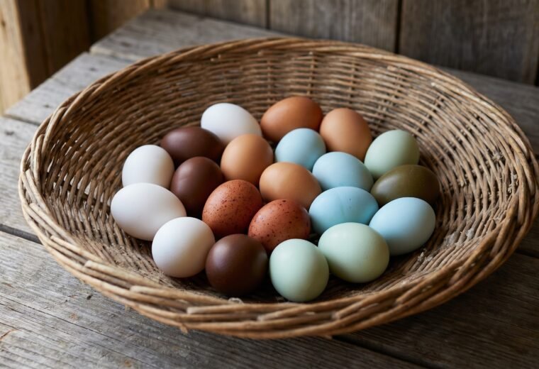 Wicker basket of multicolored eggs showing white, brown, blue, green, and olive chicken egg colors