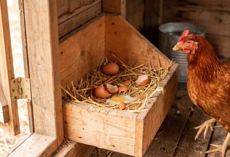 broken eggshell and yolk residue in a nest box with a Rhode Island Red hen nearby