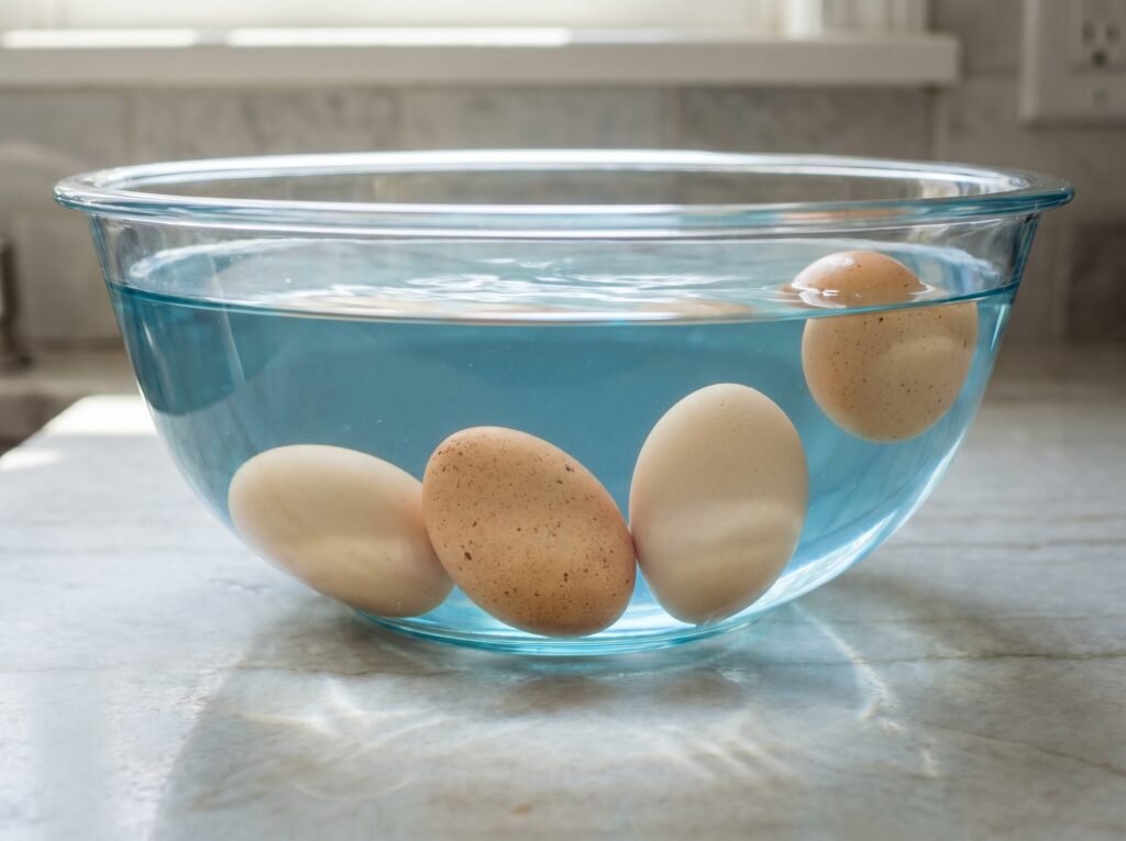 Four eggs demonstrating the float test freshness stages in a clear glass bowl of water