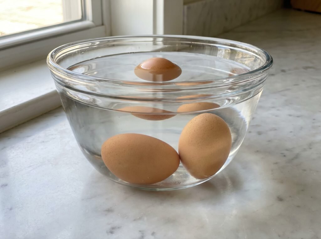 three eggs in clear bowl showing fresh sinking, older tilting, and old floating positions