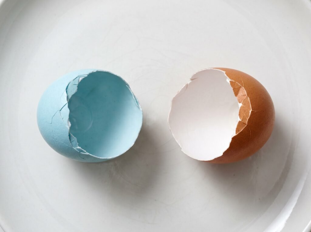 Cracked blue eggshell showing blue interior next to brown eggshell with white interior