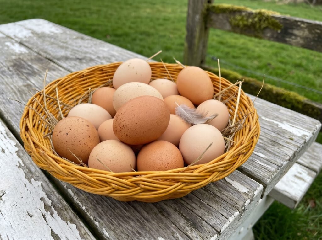 basket of 14 brown and tan backyard eggs on a weathered wooden table