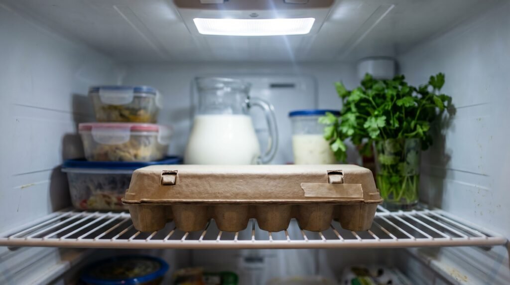 Egg carton stored on the middle shelf of a refrigerator away from the door