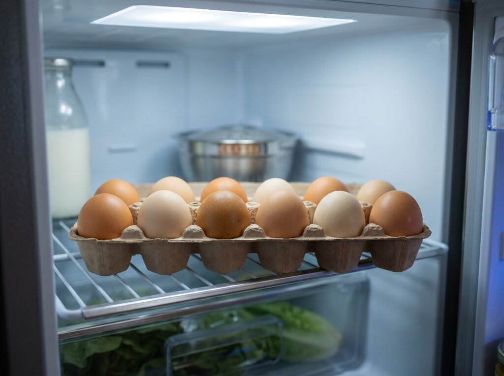 Open egg carton with fresh backyard chicken eggs stored large-end up on a refrigerator shelf