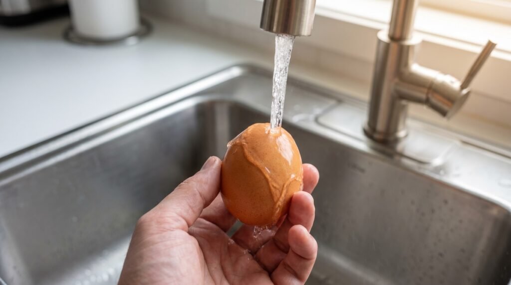 Fresh chicken egg rinsed under warm running water, correct washing technique