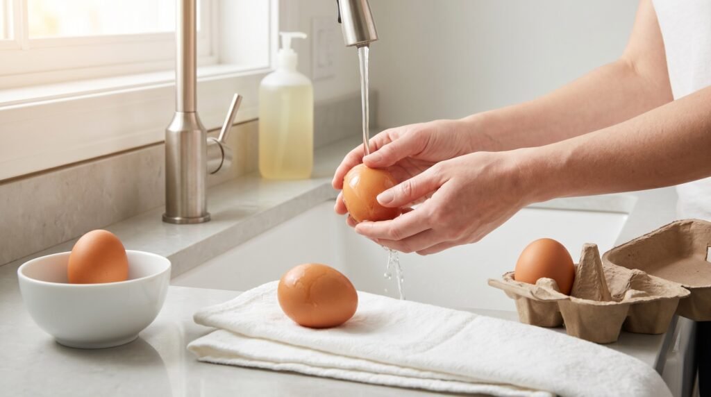 Four-step egg washing sequence showing dry egg, warm-water rinse, drying, and refrigerator carton