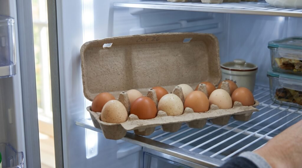 Mixed backyard chicken eggs stored large-end up in a cardboard carton inside a refrigerator