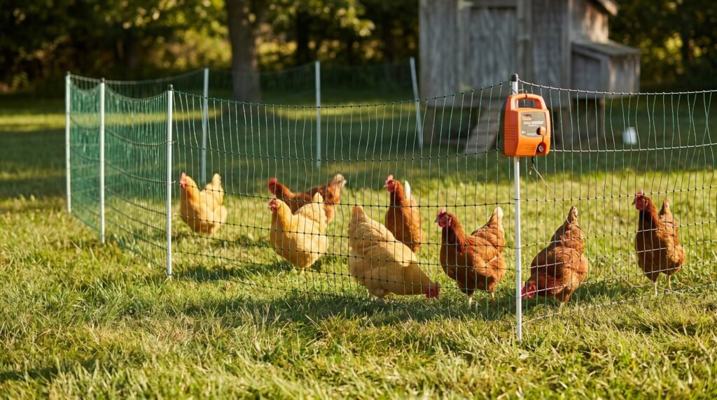 Electric poultry netting perimeter with energizer protecting free-range hens from ground predators