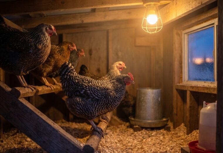 Warm LED light glowing inside a winter chicken coop as hens wake at pre-dawn