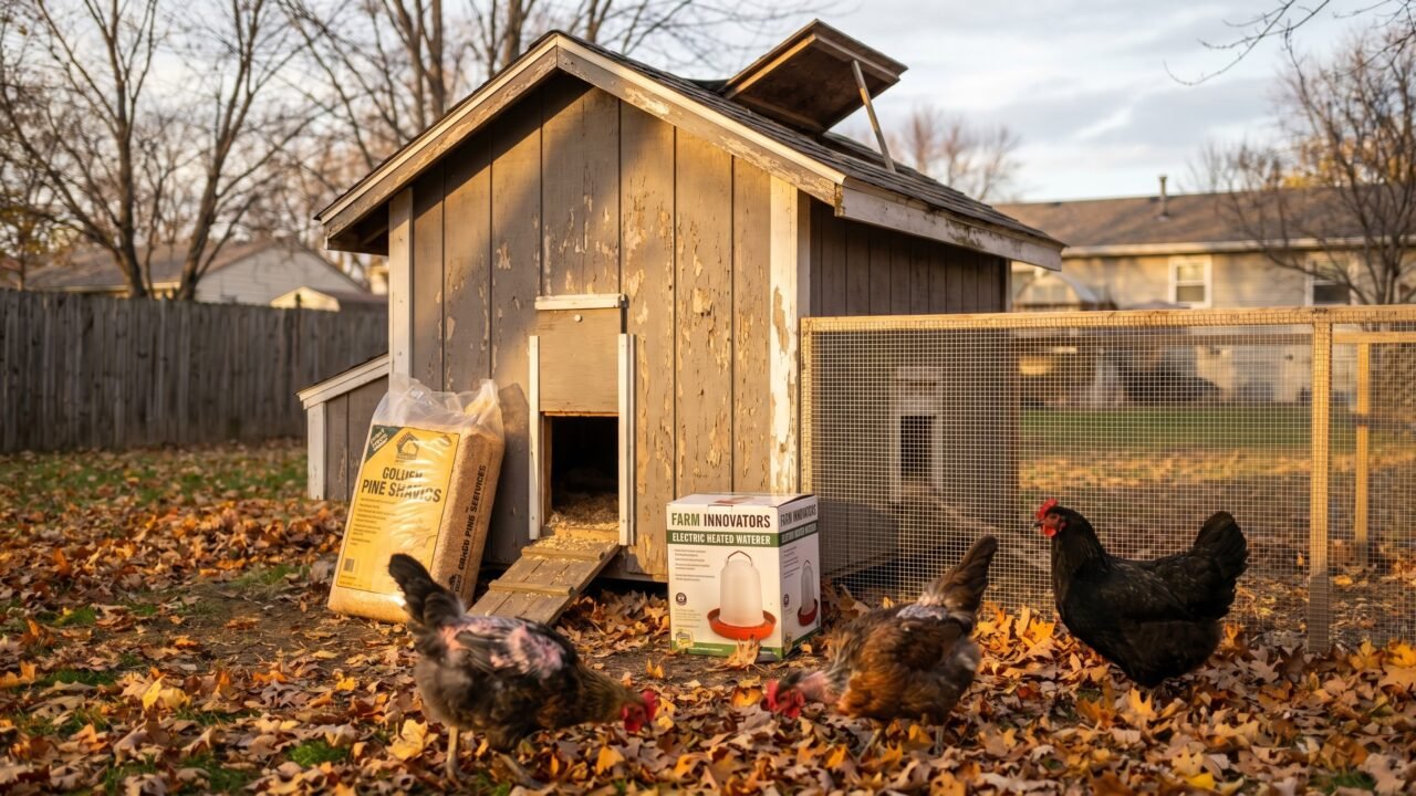 backyard chicken coop being prepared for fall with molting hens and heated waterer supplies