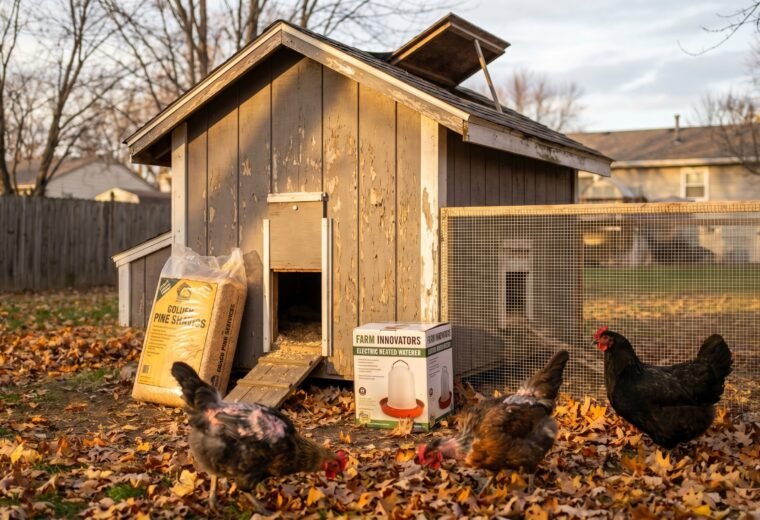 backyard chicken coop being prepared for fall with molting hens and heated waterer supplies
