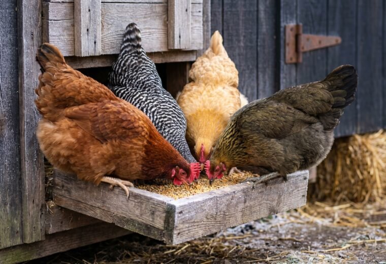 four backyard hens eating from a wooden feeder on a frosty winter morning
