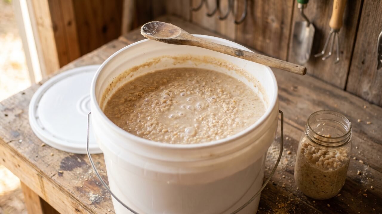 fermented chicken feed in a food-grade bucket ready to serve backyard flock