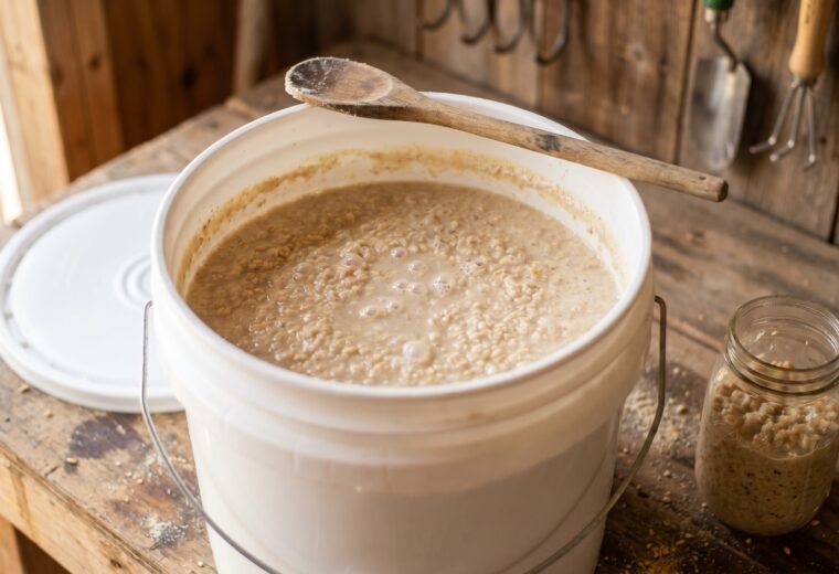 fermented chicken feed in a food-grade bucket ready to serve backyard flock