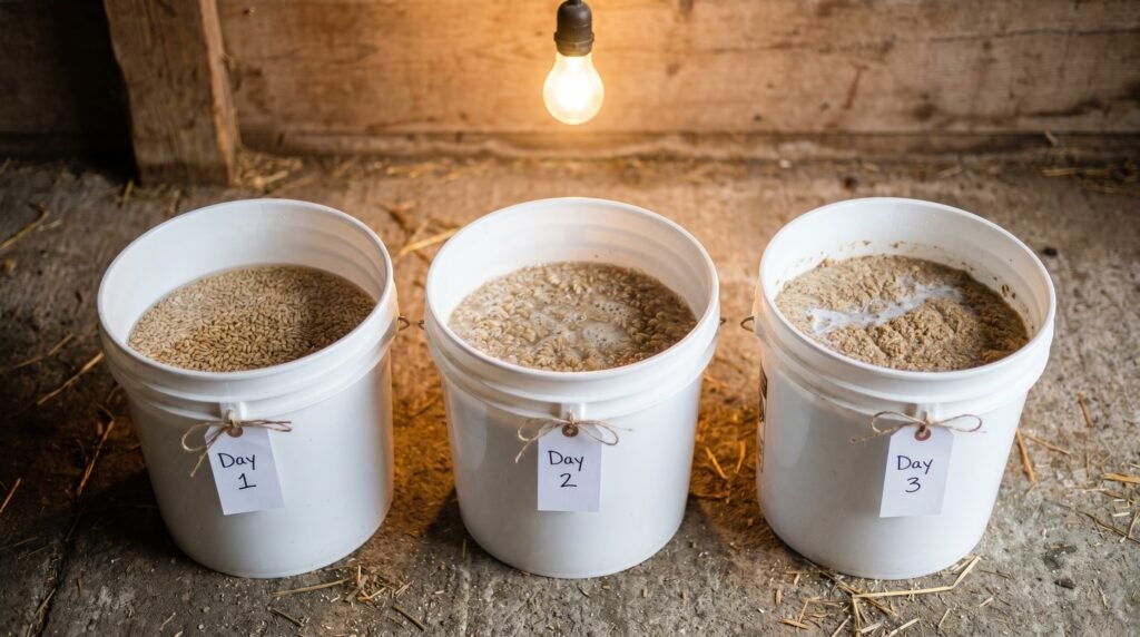 three buckets showing staggered fermented feed rotation schedule for backyard chickens