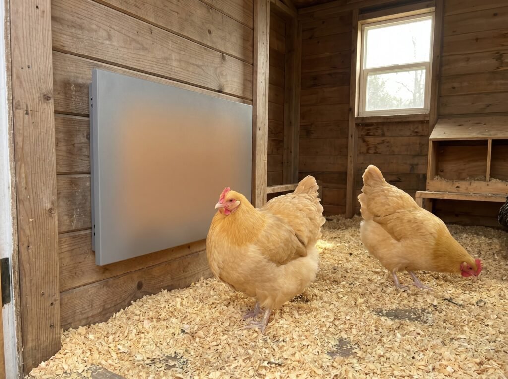 Flat radiant panel heater mounted on coop wall with two Buff Orpington hens nearby on pine shavings