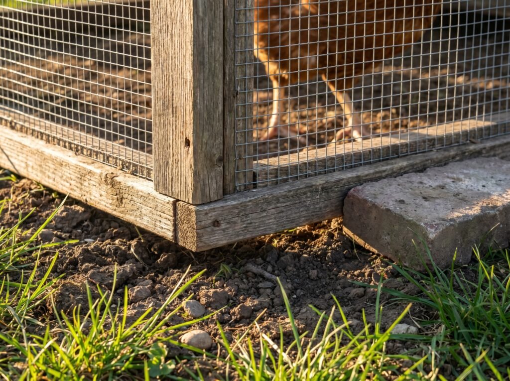 corner gap under movable chicken run frame where hardware cloth lifts from uneven ground
