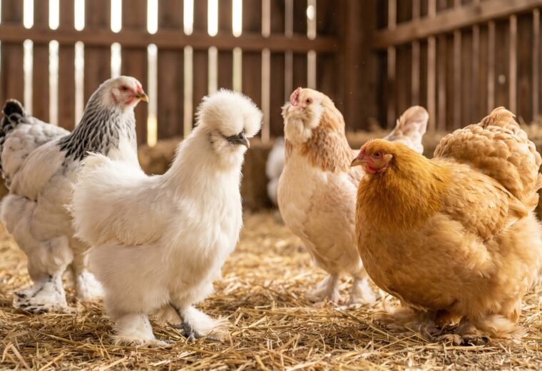 four fluffy chicken breeds - Silkie, Cochin, Brahma, and Faverolles - standing together on barn straw