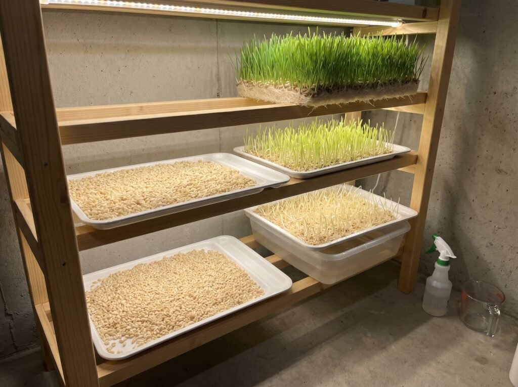 four-stage barley fodder tray system showing seed through seven-day sprouted mat