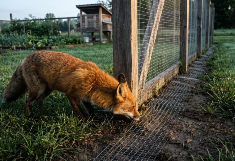 red fox crouched at chicken run fence base near a dig-proof hardware cloth apron at dawn