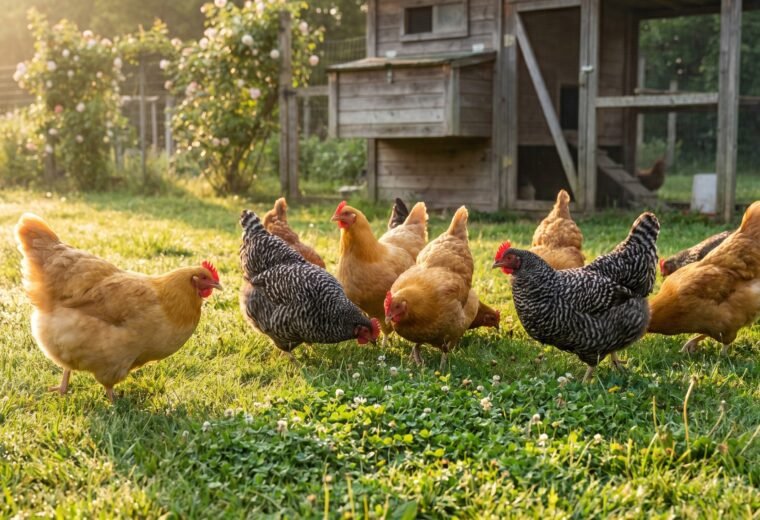 mixed flock of hens foraging across a green lawn in morning light